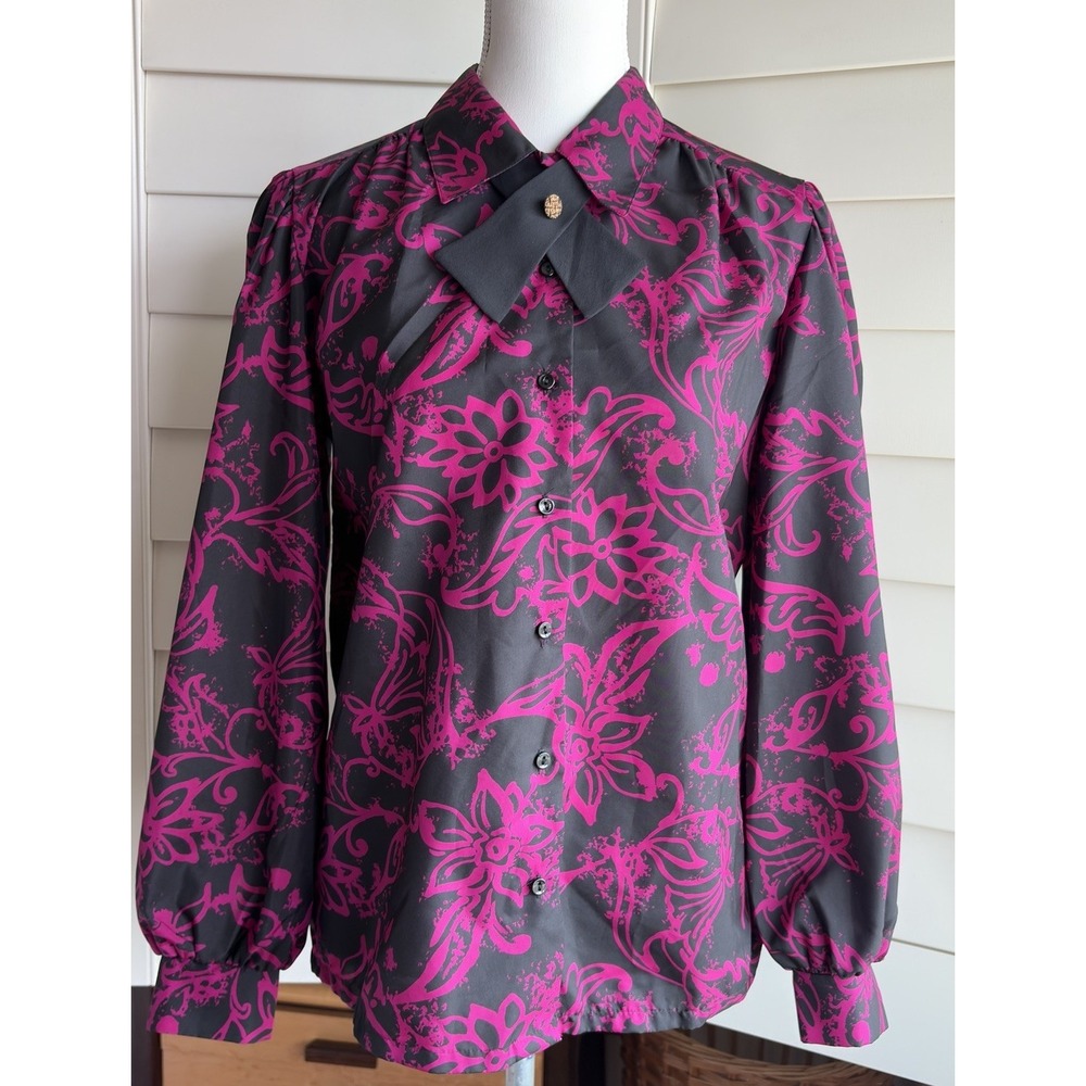 Judy Bond Studio Jonquil M 10 Secretary Blouse Pink Black Floral Ascot Tie 80s